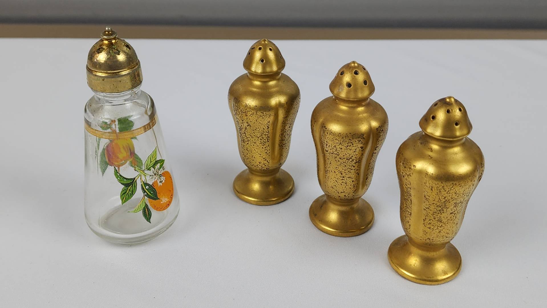 Vintage Porcelain Salt & Pepper Shakers Hand Painted Turquoise Gold Tops &  Trim
