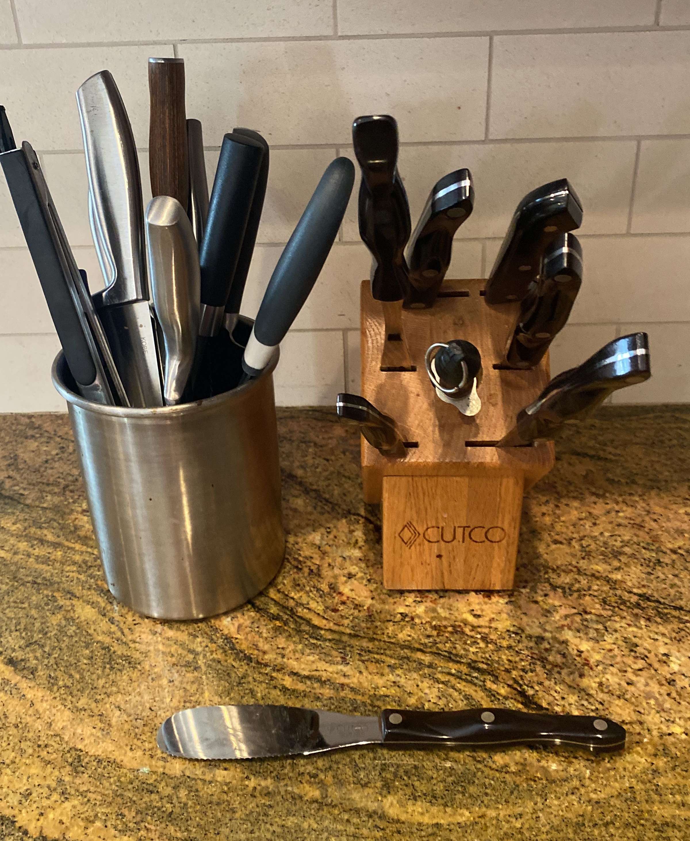 Knife block with Cutco, Pampered Chef, Germany knives, Cuisinart, & a knife  sharpener - Lil Dusty Online Auctions - All Estate Services, LLC