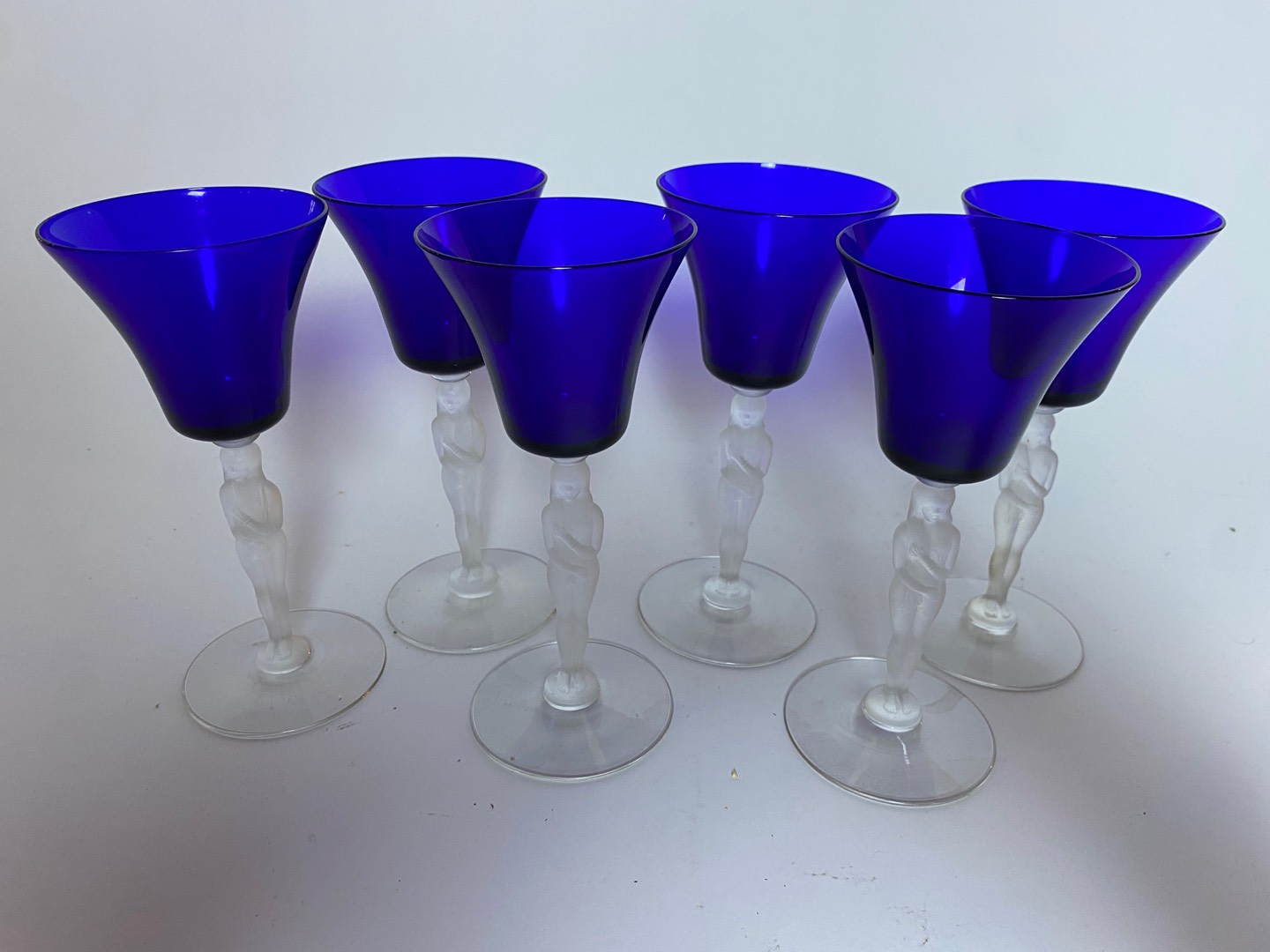 Six Vintage Cobalt Blue Nude Stem Wine Glasses
