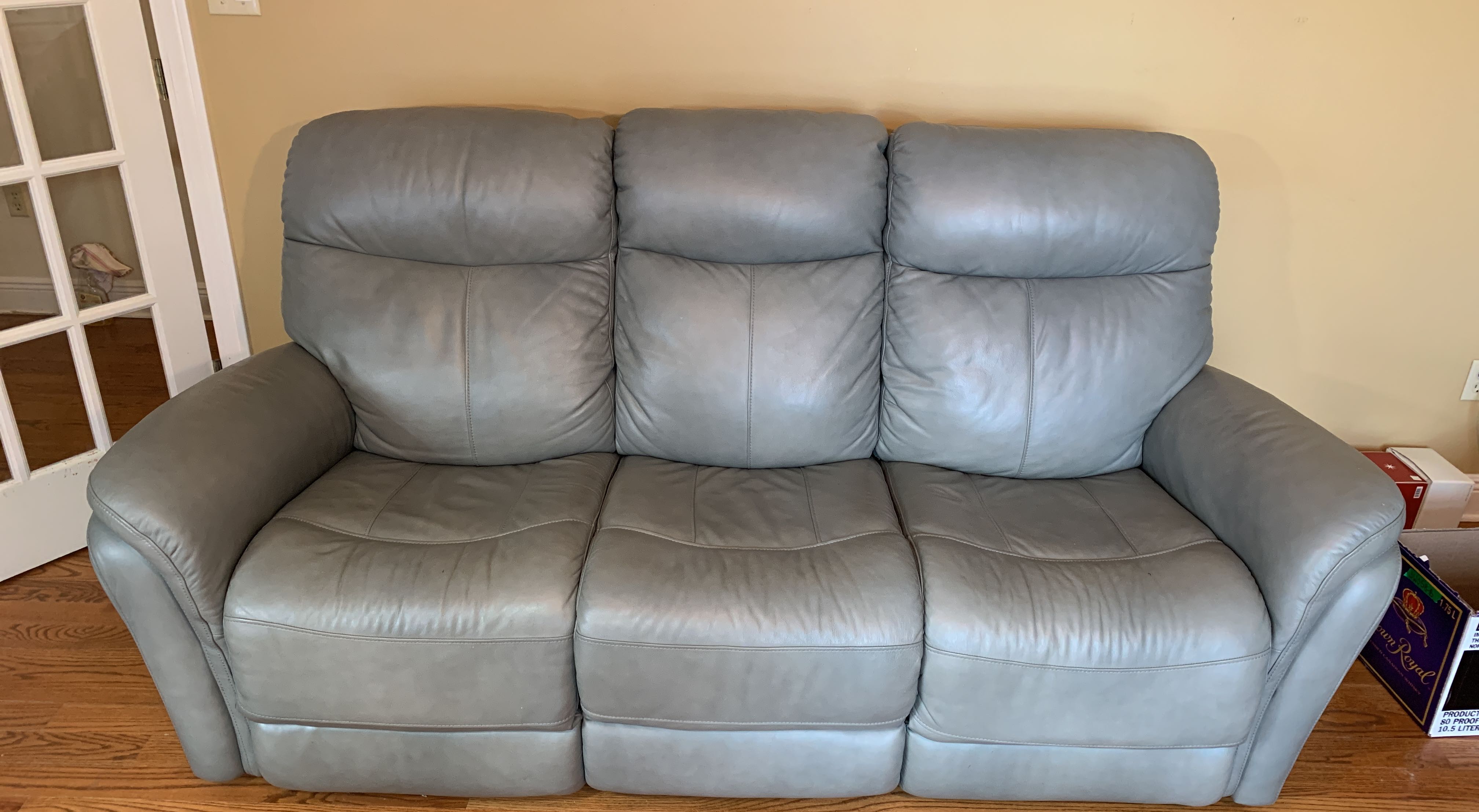 Gray faux best sale leather reclining sofa