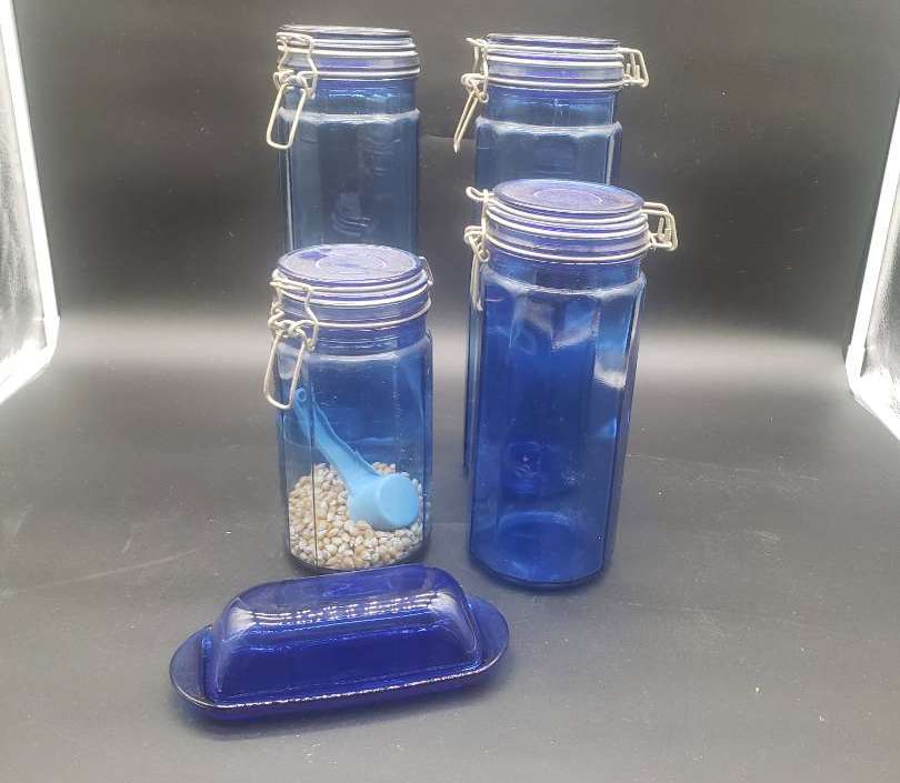 2 COBALT BLUE GLASS LARGE 12-SIDED MASON CLASP STORAGE JARS PANELED STORAGE