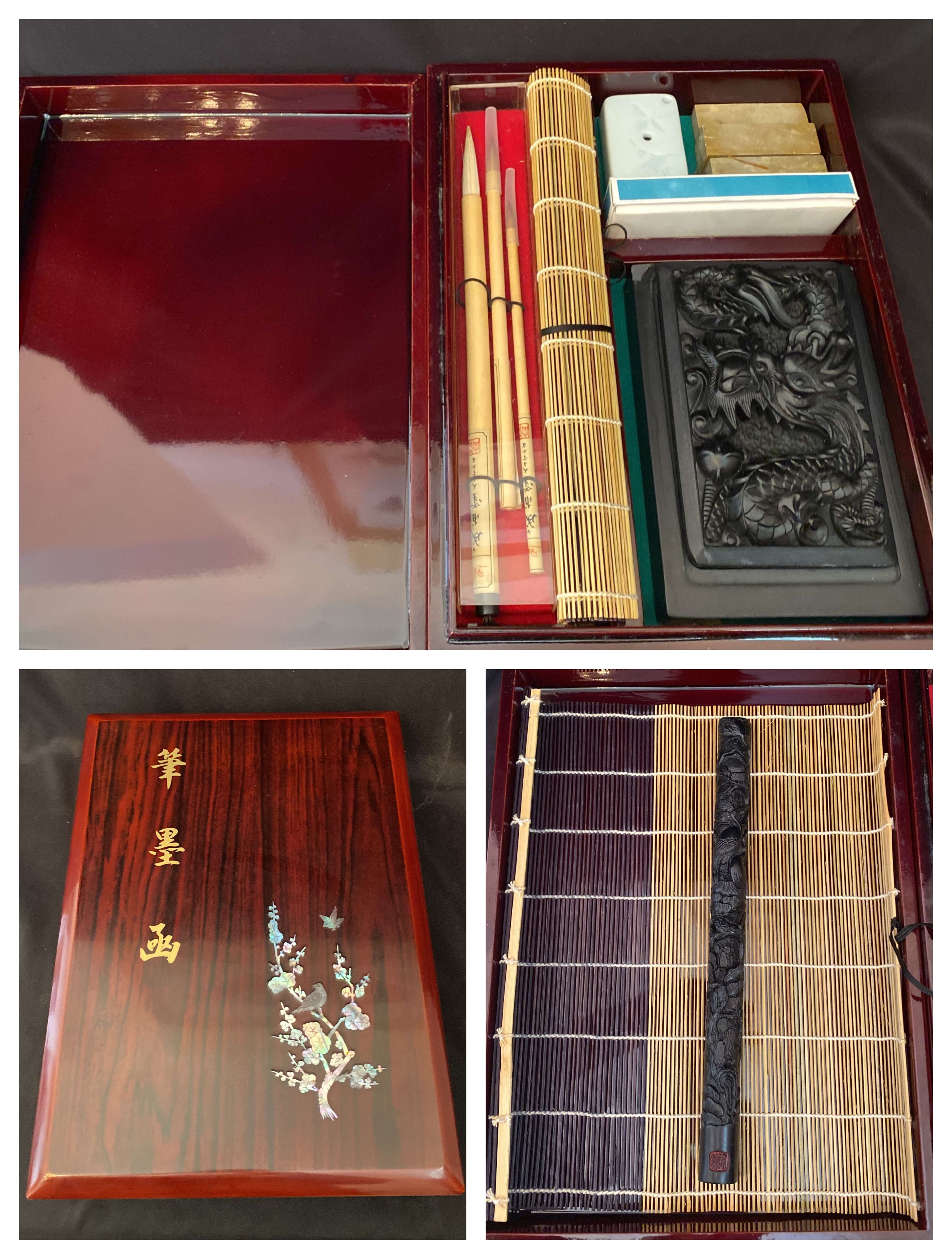 Vintage Chinese Calligraphy Set Asian Original Brocade Silk Box Unused New