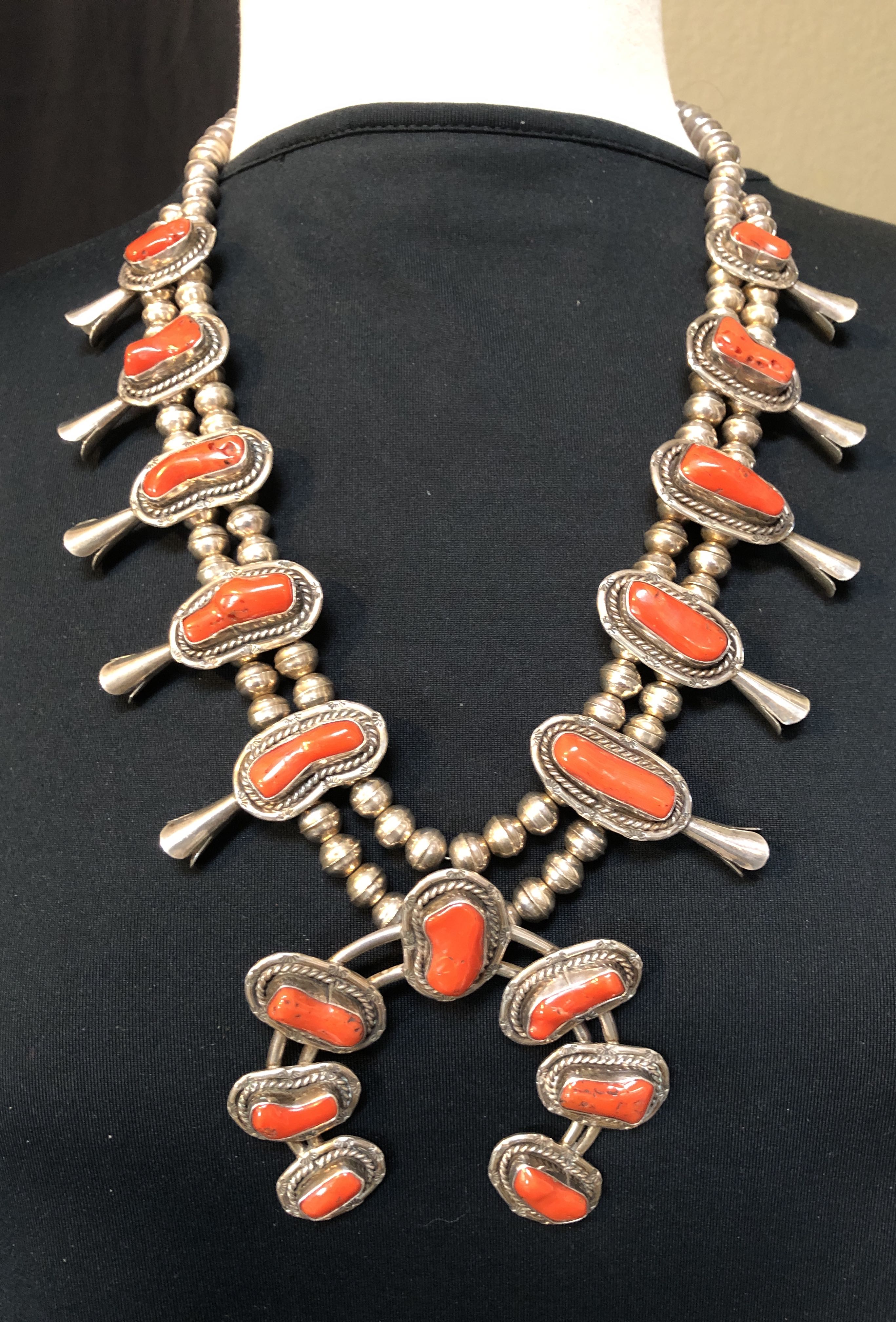 Lot 534: Navajo Coral & Silver Squash Blossom Necklace w/ Delbert Chatter  Earrings | Case Auctions