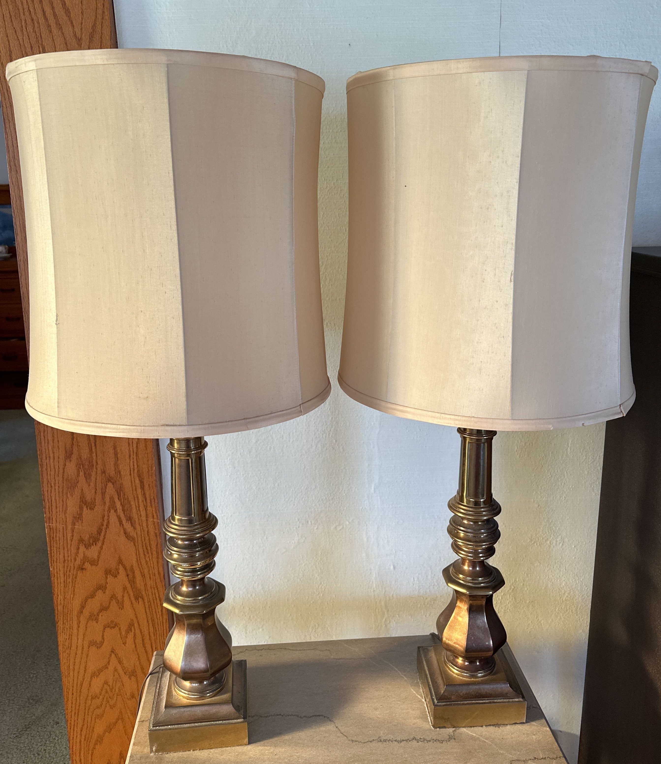 huge solid brass table lamps, retro 1950s vintage Stiffel lamp pair