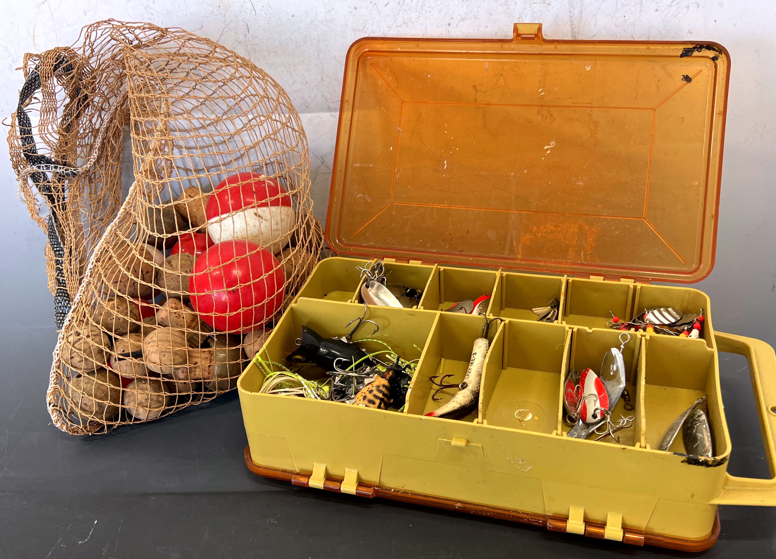 Vintage-Fishing-Accessories-With-Cork-Bobbers-Wooden-Lures-Spinners