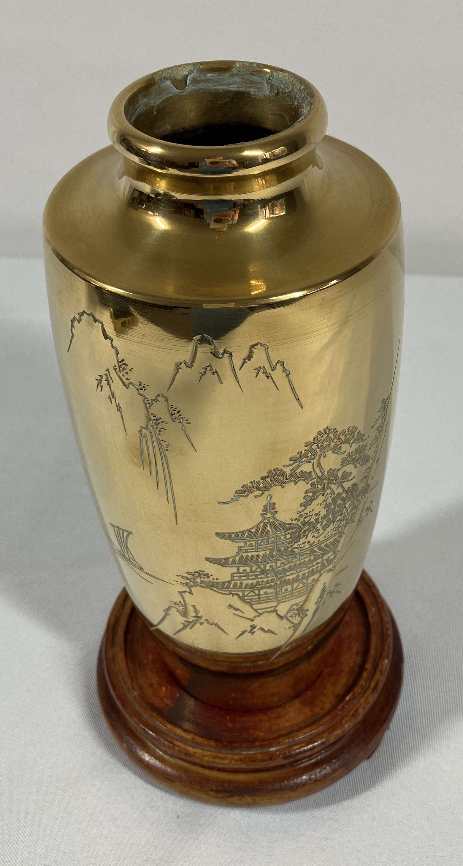 Vintage-Asian-Brass-Vase-With-Pagoda-SIGNED