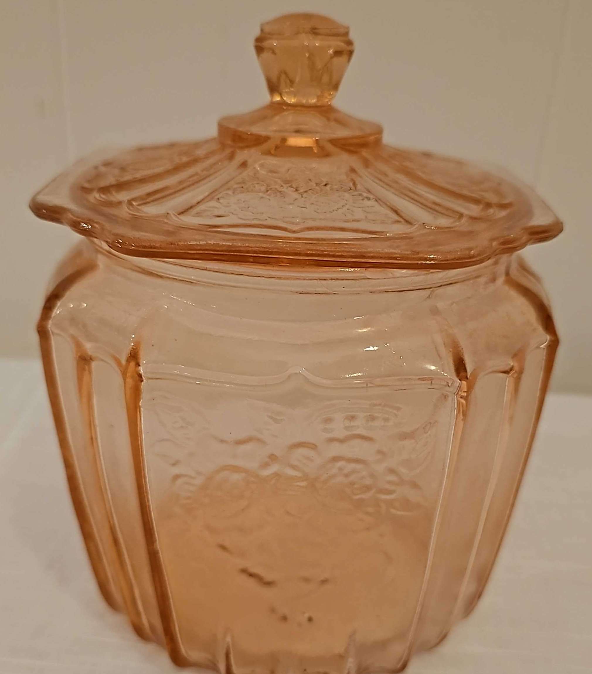 Pink Glass Mini Cookie Jar W/ Lid Depression Style, Vintage