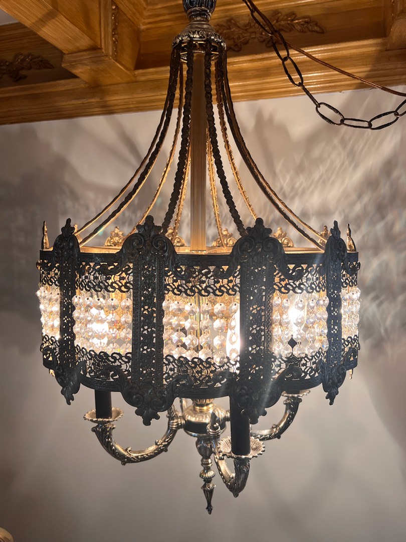 Circa 1930 French Brass and Crystal Chandelier - Antiques Resources, Chicago