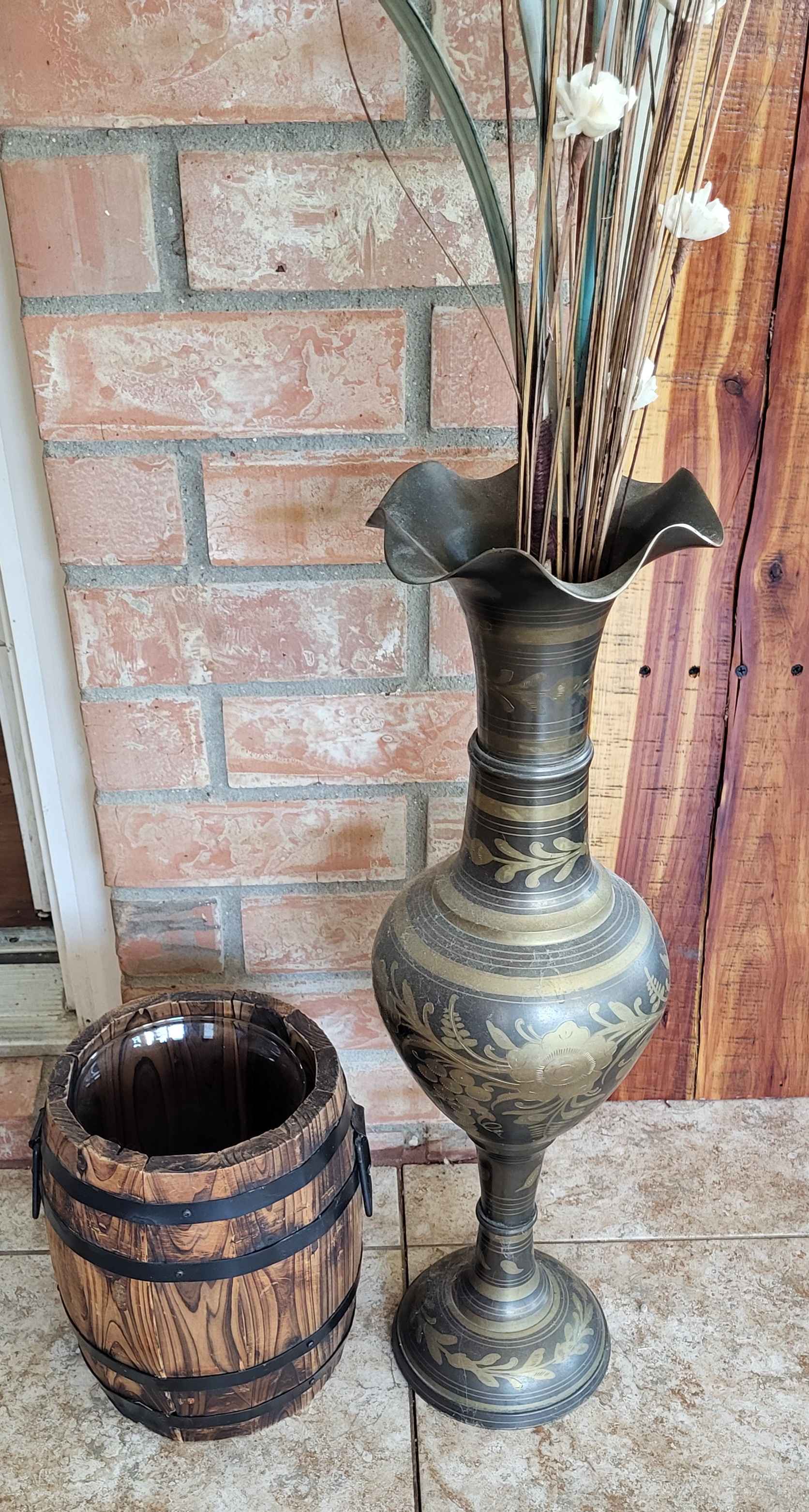 Vintage-Brass-Vase-And-Whiskey-Barrel-Planter