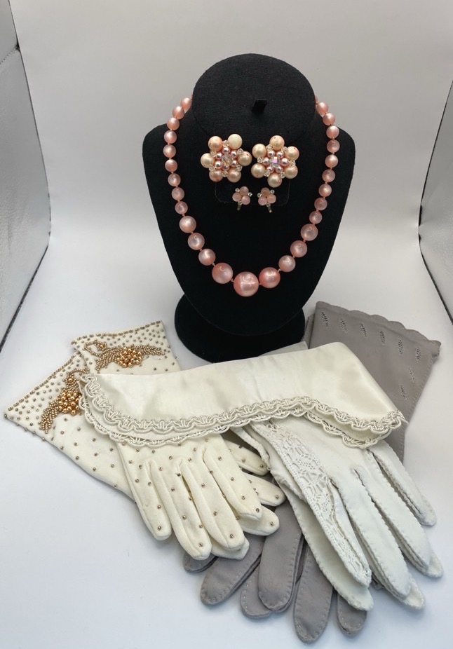 Vintage-Pink-Pearly-Bead-Necklace -Clip-On-Screw-Back-Earrings-Dress-Gloves-Satin-Beaded-Collar