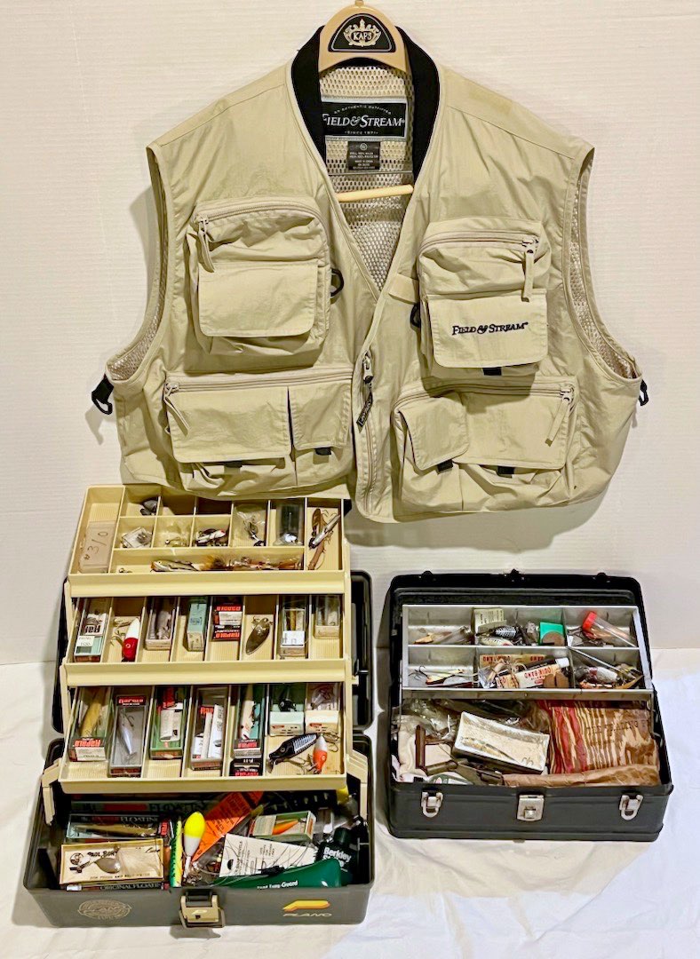 Field-And-Stream-XL-Fishing-Vest-Two-Tackle-Boxes-Lures-More
