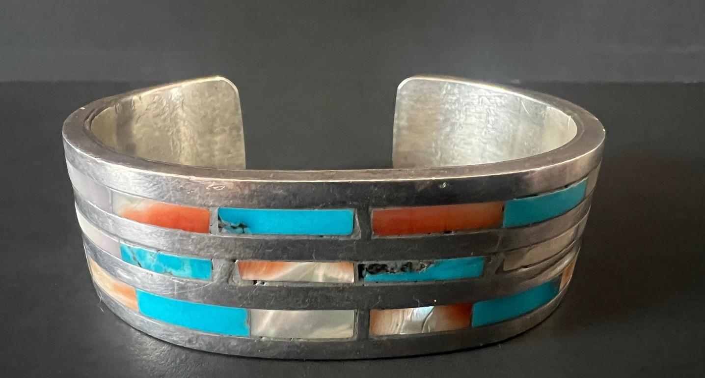 Native American Eye-catching Vintage Turquoise Coral Jet Inlay Sterling Silver Bracelet Native American Eye-catching Vintage Turquoise Coral Jet Inlay Sterling Silver Bracelet