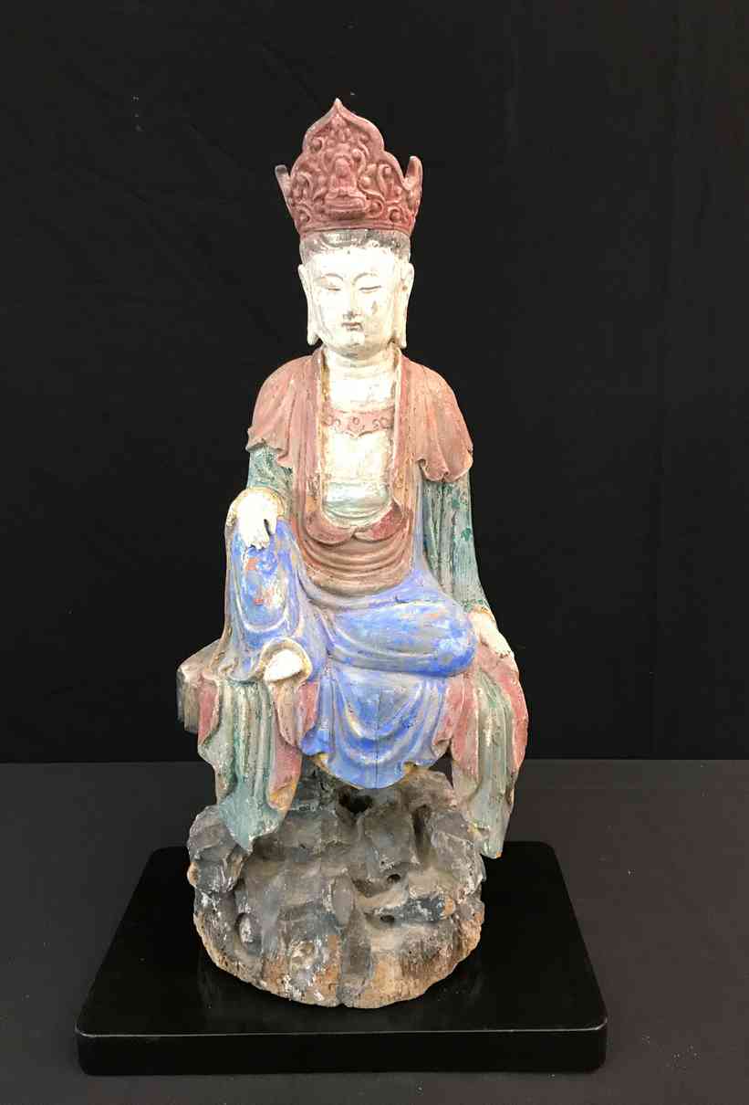 Photo of item: Antique Chinese Bodhisattva Statue | Hand-Carved & Polychrome Painted