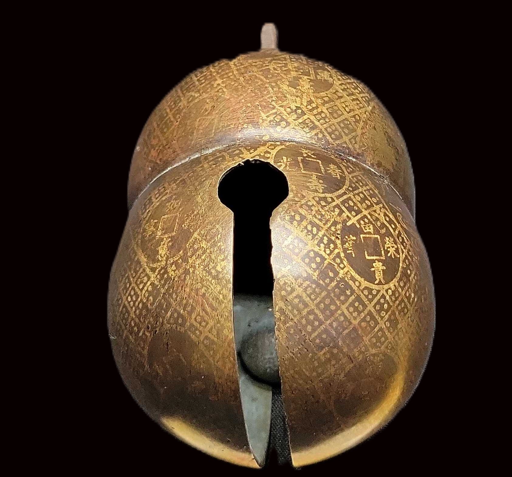 Photo of item: Antique Chinese Bronze Water Buffalo Bell | 6 Gourd-Shaped with Engraved Calligraphy