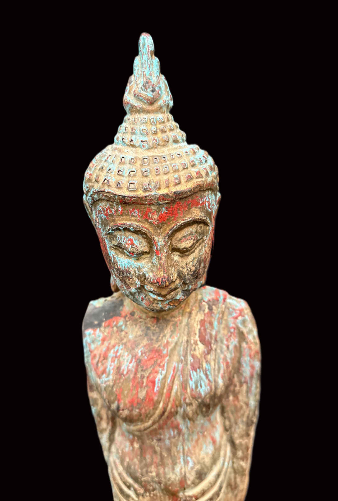 Photo of item: Antique Burmese Carved Wood Buddha | Polychrome Finish | 19 Tall