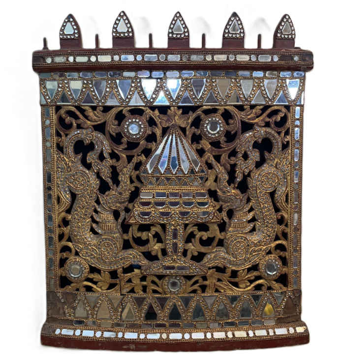 Photo of item: Antique Burmese Gilded & Mirrored Temple Carving | Handcrafted Teak Wood Panel