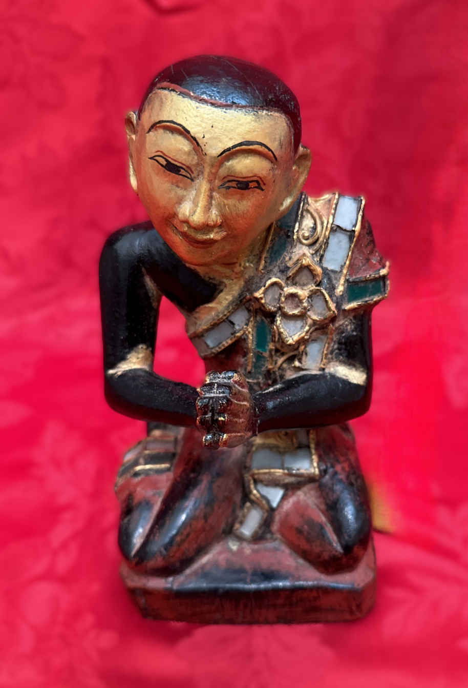 Photo of item: Antique Burmese Kneeling Monk Statue | 19th-20th Century Gilt & Lacquered Wood with Inlaid Glass
