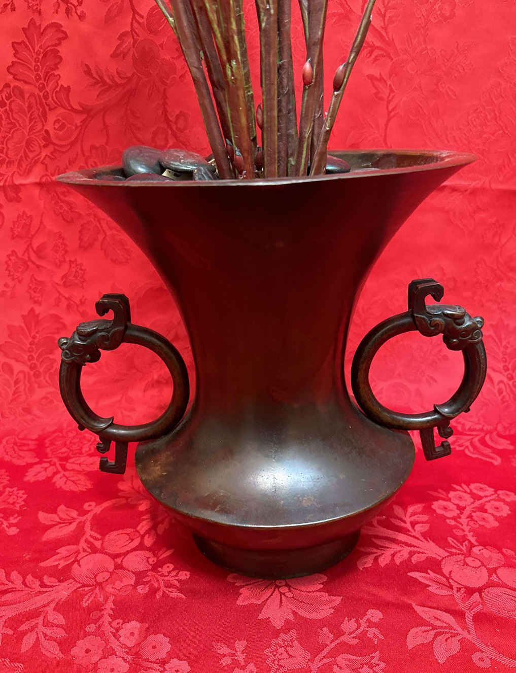 Photo of item: Antique Chinese Bronze Gu Vase | Dragon Handles & Flared Rim