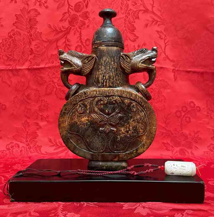 Photo of item: Antique Asian Carved Flask | Double-Dragon Handles | Ornate Detailing