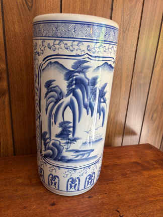 Photo of item: 18”h X 8.25”diameter Blue & White Ceramic Planter Vessel - Asian Style Decor Cylindrical Vessel