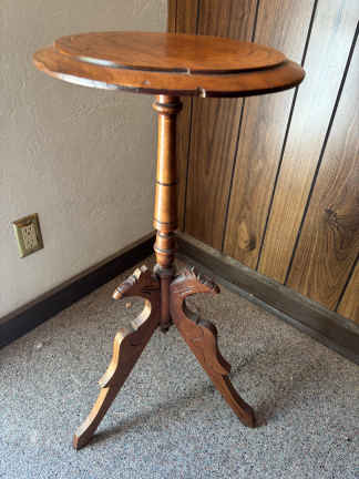 Photo of item: Antique Wooden Fern Plant Stand-  Carved Details 31”h X 14”diameter-  Tripod Plant Stand