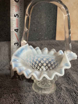 Photo of item: 6.25”H Ruffled Hobnail Opalescent Glass Basket - Fenton Style Decorative Glass Vessel