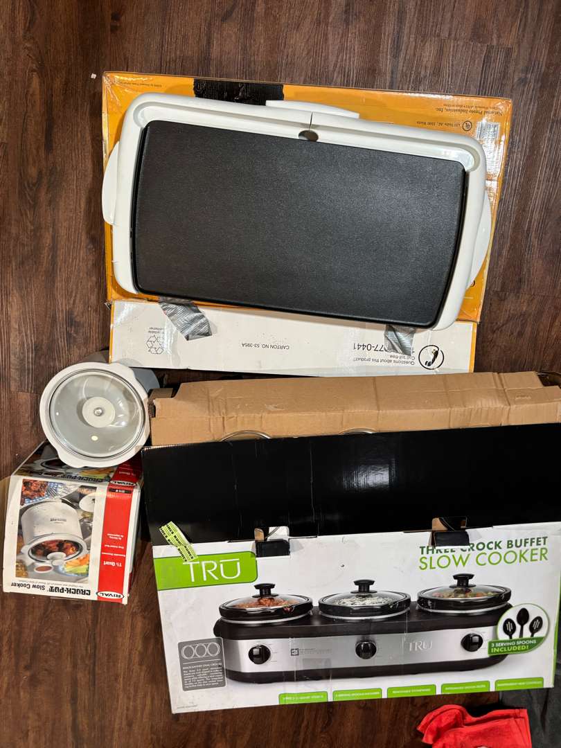 Photo of item: Gently Used In Box Appliances - 1.5Qt Crock Pot - Presto Electric Griddle & New Tru 3 Crock Buffet 
