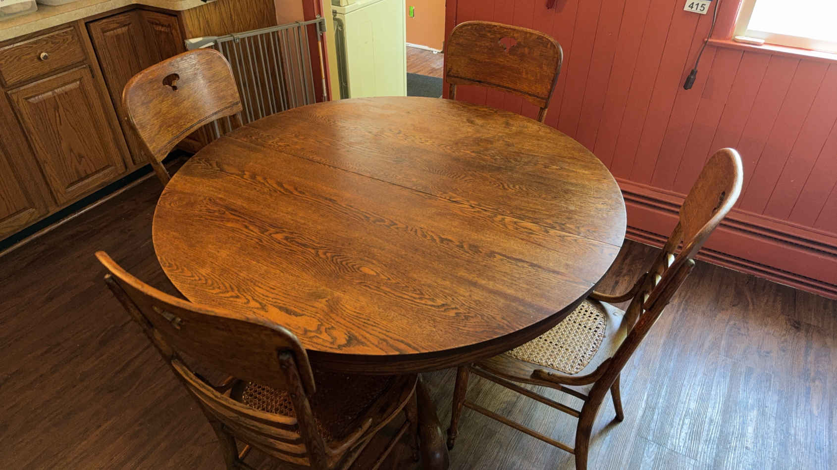 Photo of item: Gorgeous Round Solid Wood Table And 4 Cane Farmhouse Style Chairs - Beautiful Detail!