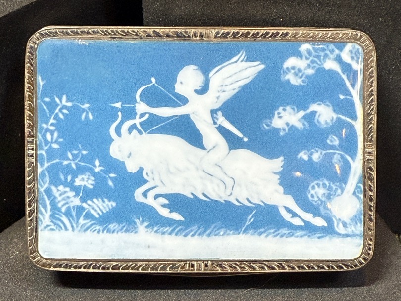 Photo of item: Ceramic Lidded Box Cupid With Arrow Riding A Goat