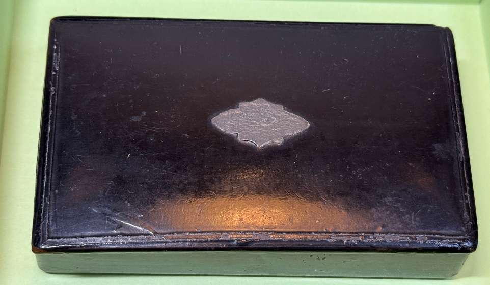 Photo of item: Papier-Mâché Snuff Box With Pewter Inlay C 1850