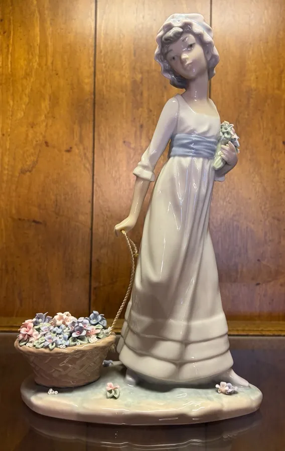 Lladro-11-Porcelain-Figurine-Wild-Flower-Girl-Pulling-Basket-of